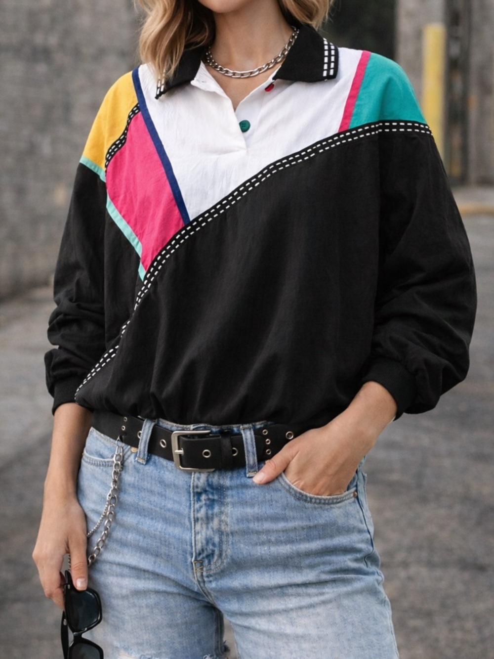 Vintage 80s 90s Colorblock Windbreaker Top Black Pink Retro Shoulder Pads Small